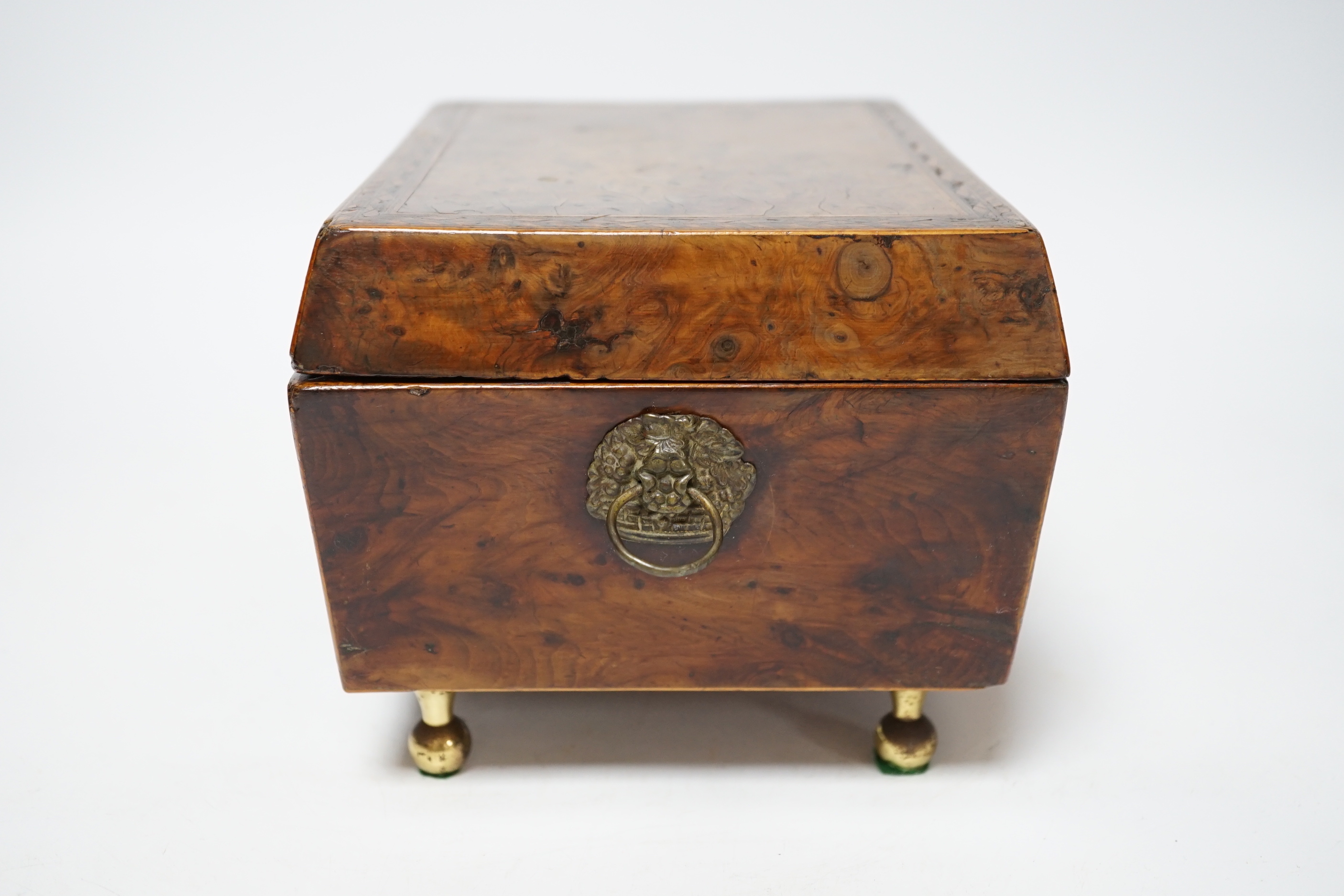 A Regency banded burr yew tea caddy, Ivory escutcheon, 20cm wide CITES Submission reference 4NYKHDBU